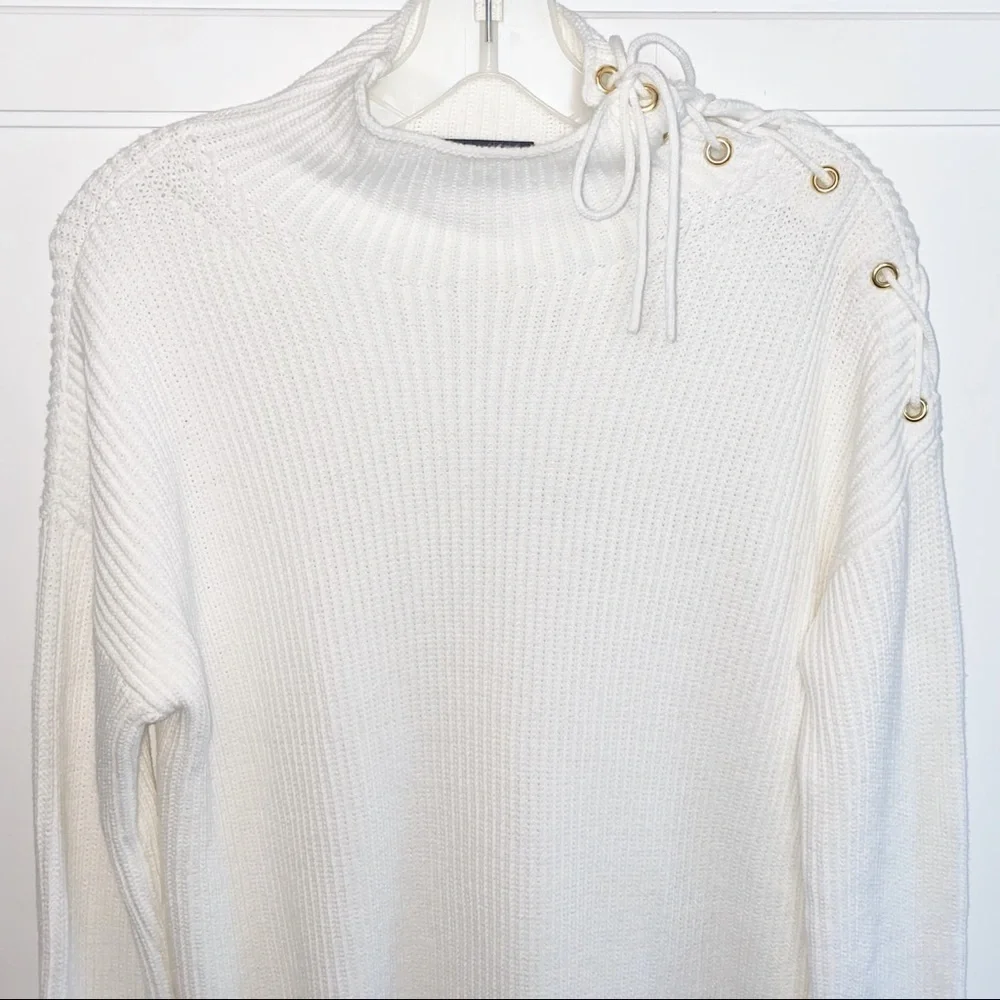 J. Crew White Ribbed Tunic Lace-up Shoulder Knit Sweater Mock Neck #L1206 Small